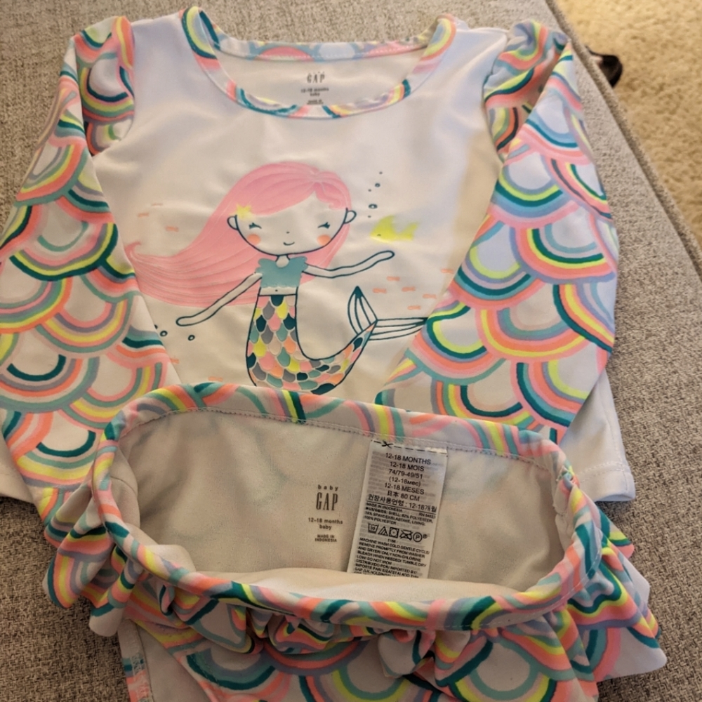 Baby Gap 2Pcs Baby Swimwear, Mermaid Scale Printed Tops + Ruffle Shorts Swimsuit